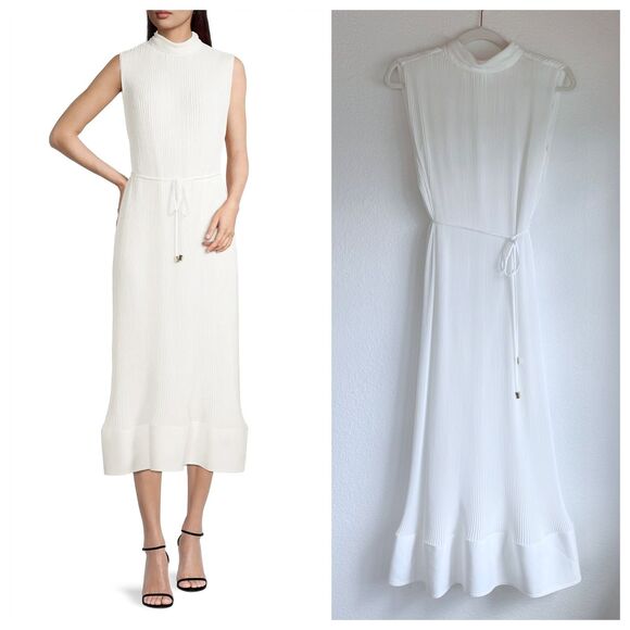 NWT MILLY Melina Solid Pleat Mock Neck Tie Waist Midi Dress in White Size 2 - Picture 1 of 16